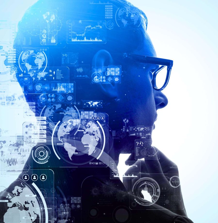 Portrait blended with data and AI graphics